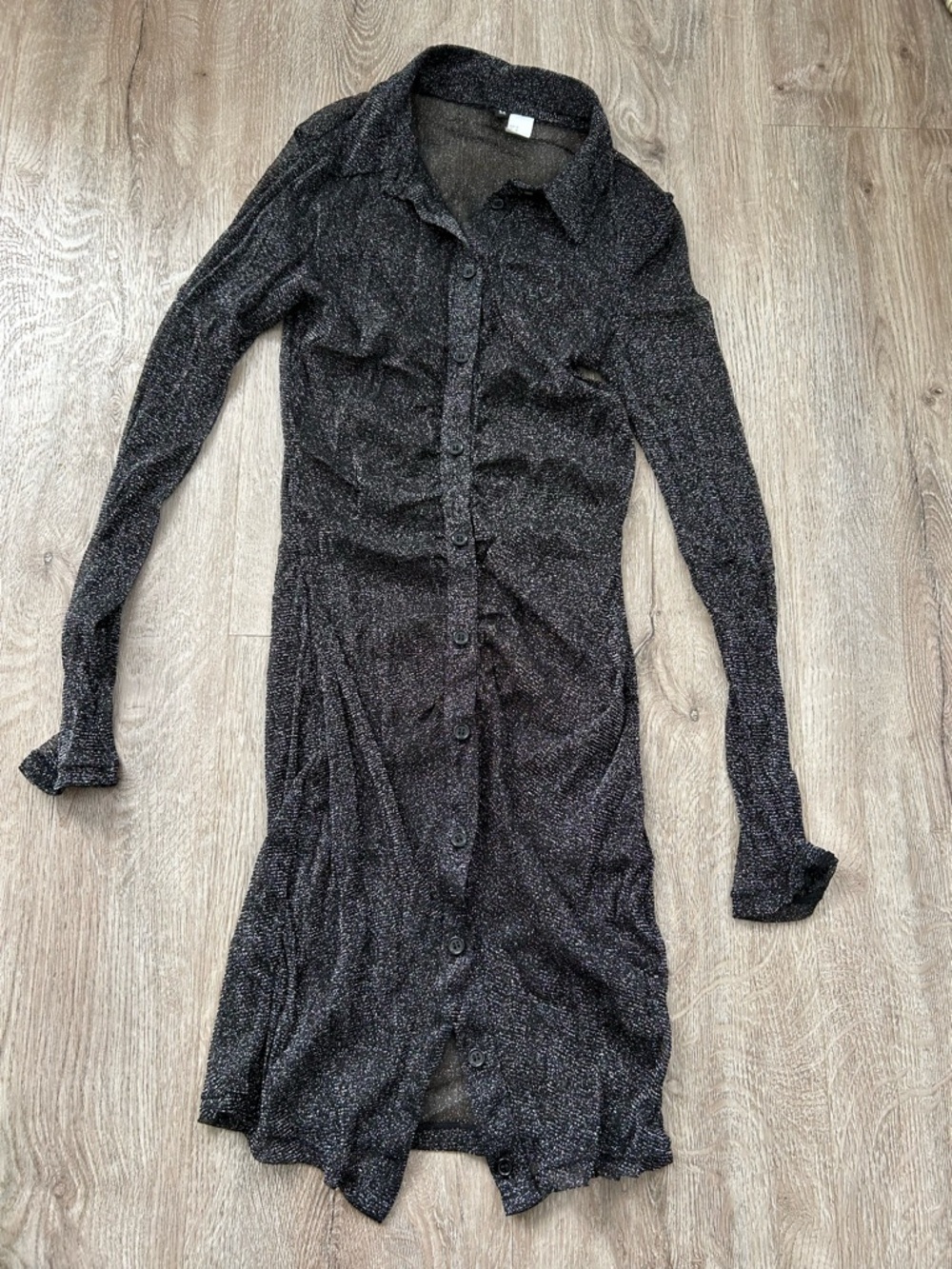 Black Shimmer Long Sleeve Sheer Button-Down Dress